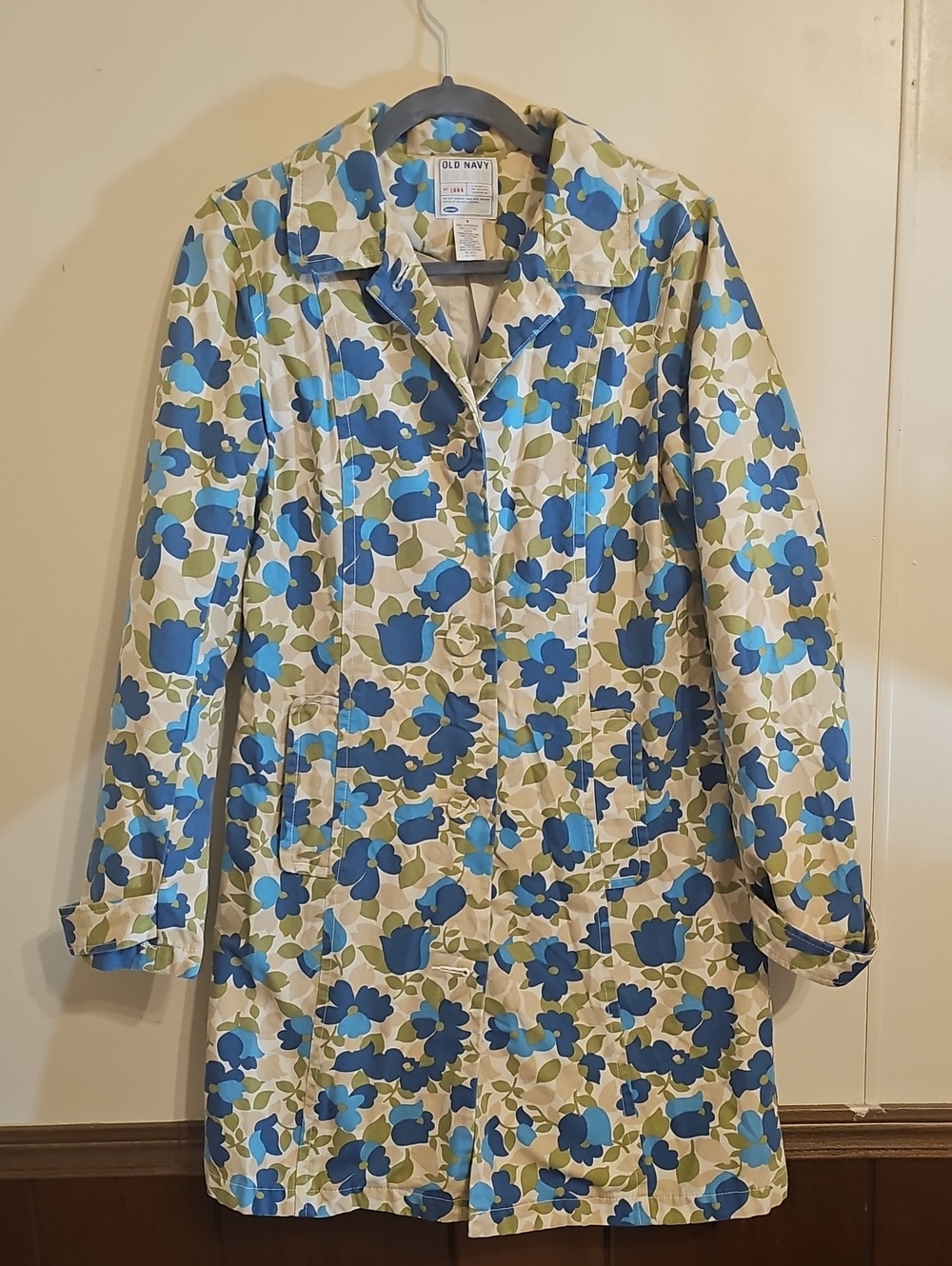 Vintage Old Navy Floral Trench Coat Raincoat Blue Green Size M - Picture 6 of 8